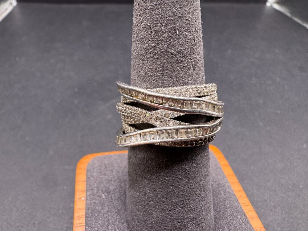 CN 925 Sterling Silver Cubic Zirconia Crossover Crisscross Wide Band Ring Size 8